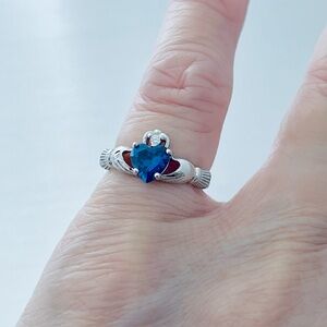 Sterling Silver Claddagh Blue Sapphire CZ Ring, September Birthstone